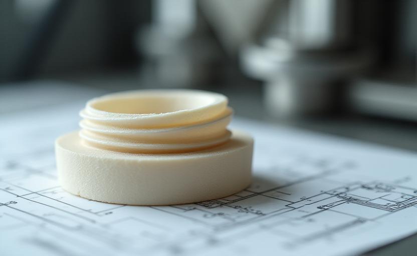 Ein Nahaufnahme eines hochfesten Keramikbauteils mit technischen Details im Hintergrund.