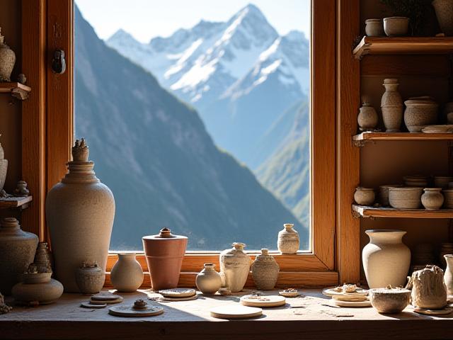 Keramikwerkstatt mit Tonwaren und inspirierender Berglandschaft