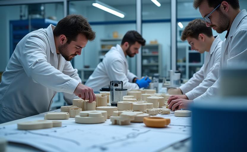 Ein modernes Keramiklabor, in dem Mitarbeiter Isolierkeramik für einen Industrieofen entwickeln.