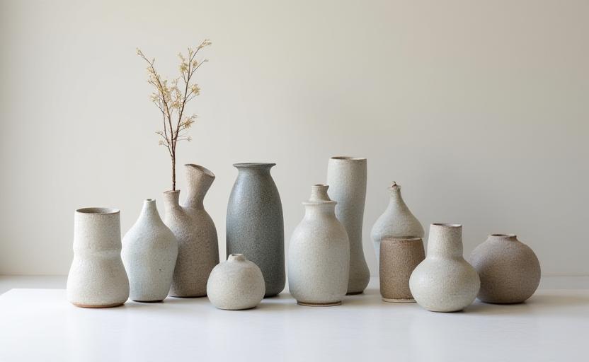 Eine Sammlung von handgefertigten, frostsicheren Keramikvasen und Skulpturen in einer Galerie-Umgebung.