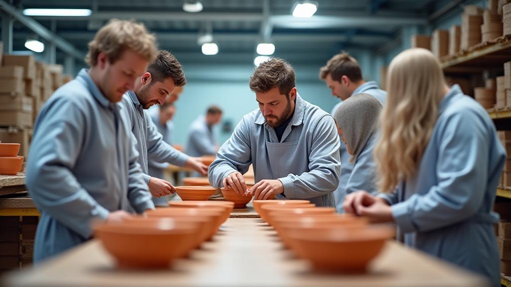 Team von Keramikern in einer spezialisierten Manufaktur, die Tonprodukte inspizieren.