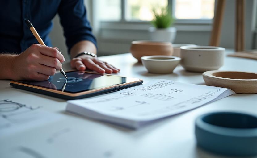 Designer skizziert maßgeschneiderte Keramikkomponente auf einem Tablet mit technischen Zeichnungen im Hintergrund.