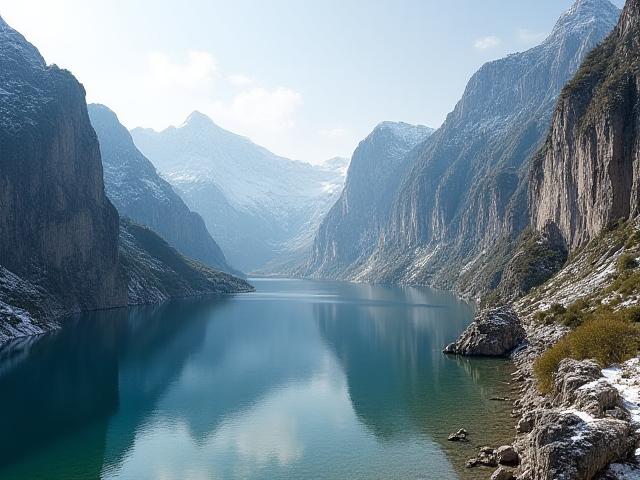 Uralte geologische Formationen und ein majestätischer Bergsee in Hallstatt, umgeben von schneebedeckten Gipfeln und einem klaren Himmel. Dieser Anblick symbolisiert die Inspiration hinter Permafrost Ton: die unerbittliche Natur und die Formbarkeit des Tons.