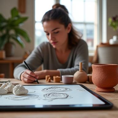 Anna Keller, Produktdesignerin, skizziert kreative Keramikformen auf einem Tablet mit natürlichen Materialien im Hintergrund.