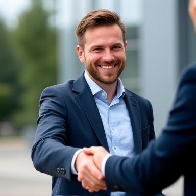 Lukas Schmidt, Verkaufsleiter, schüttelt vor einer modernen Fabrikkulisse einem Kunden die Hand.