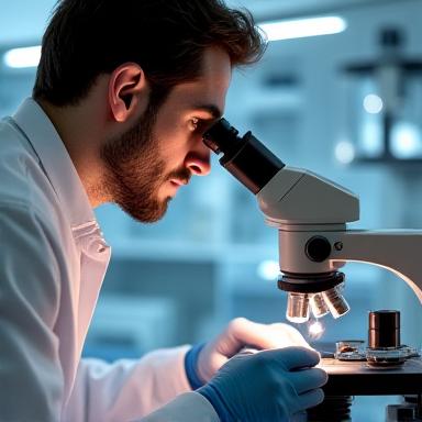 Maximilian Fischer, Forscher und Entwickler, untersucht eine Keramikprobe unter einem Mikroskop in einem High-Tech-Labor.